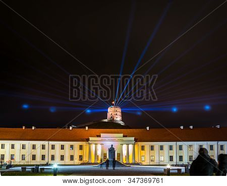 Vilnius, Lithuania - January 26, 2020: National Museum And Gediminas Castle Illuminated For 697  Cit