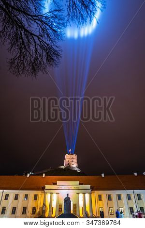 Vilnius, Lithuania - January 26, 2020: National Museum And Gediminas Castle Illuminated For 697  Cit