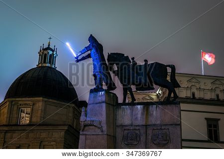 Vilnius, Lithuania - January 26, 2020: Gediminas Statue With Glowing Sword In Cathedral Square Illum