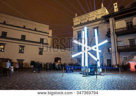 Vilnius, Lithuania - January 26, 2020: Light Sculpture In The Yard Of Royal Palace, Illuminated For 