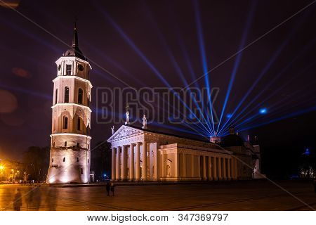 Vilnius, Lithuania - January 26, 2020: Vilnius Main Symbol, Gediminas Castle Illuminated For 697  Ci