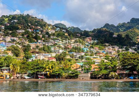 Coastline Full Of Boats With Lots Of Living Houses On The Hill, Kingstown, Saint Vincent And The Gre