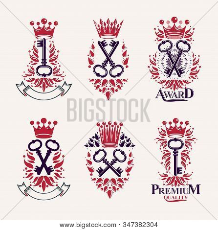 Vintage Keys Vector Logos Or Emblems, Heraldic Design Elements Big Set, Classic Style Heraldry Turnk
