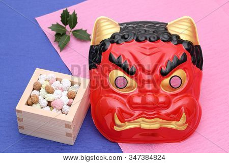 Japanese Traditional Setsubun Event, Soybeans And Masks Of Oni Demon
