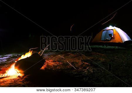 Camp Tent At Night View With Beautiful Nature & Forest In Gedung Ubat,tanjung Kubong Located At The 