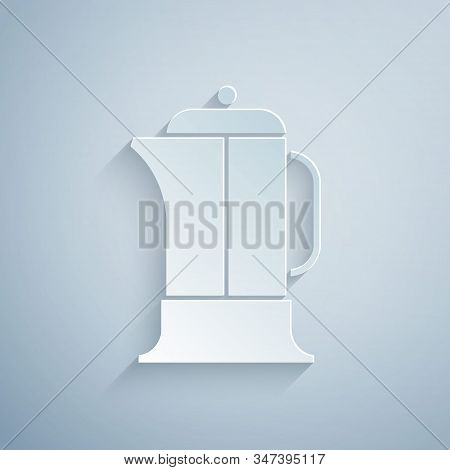 Paper Cut French Press Icon Isolated On Grey Background. Paper Art Style. Vector Illustration