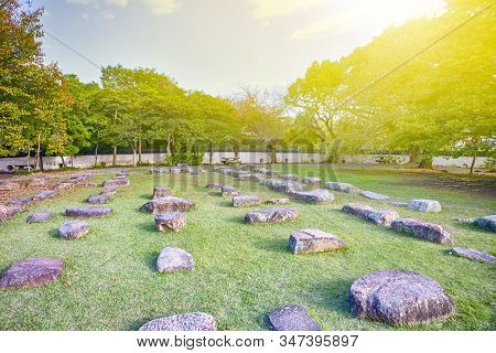 Foundation Stones Of Tenshukaku Or Donjon In Korakuen Garden In Okayama In Japan. Horizontal Image