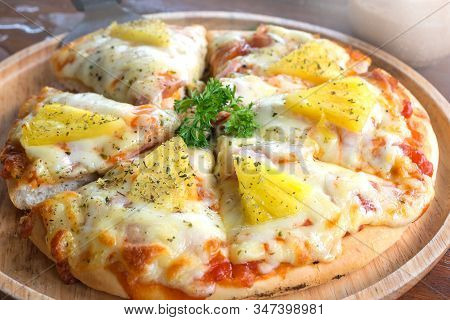 Close Up Of Hawaiian Pizza Juicy Pineapple Chunks Ham Bits Melted Mozzarella Cheese