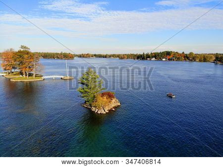 The Aerial View Of A Small Island By St Lawrence River Near Wellesley Island, New York, U.s.a