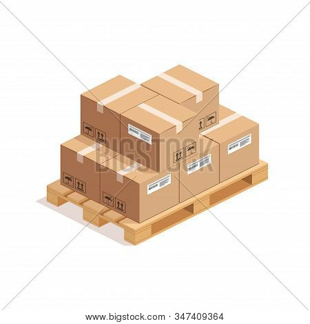 Isometric Wooden Pallet With Big Stack Of Cardboard Boxes Isolated On Whte Background. 3d Warehouse 