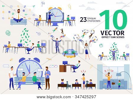 Office Workers, Business Leaders Work Routines Trendy Flat Vector Scenes Set. Employees At Workplace