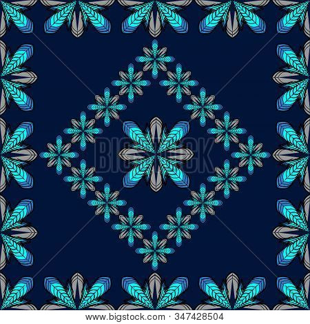 Seamless floral abstract geometric checkered moresca pattern. Repeating decor gray cyan flowers, dark blue background, textile design for fabric wrapping paper silk cover packaging tablecloth tiles