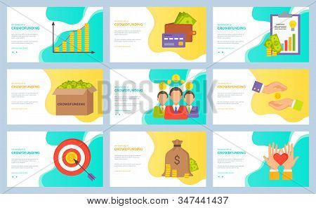 Collection Of Crowdfunding Concept. Money In Box, Banknotes Of American Dollar Currency. Target And 