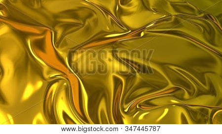 3d Render Beautiful Folds Of Golden Silk In Full Screen, Like A Beautiful Clean Fabric Background Li