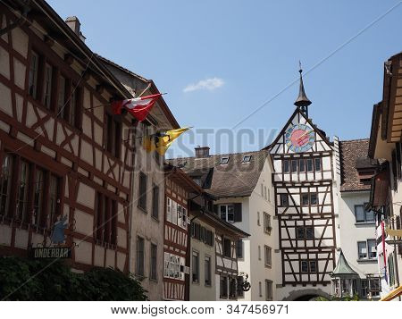 Stein Am Rhein, Switzerland On August 2018: View To Untertor Gate In European Town At Schaffhausen C