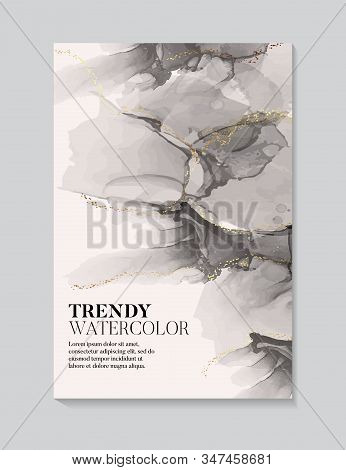 Hand Painted Alcohol Ink Texture Black Beige Pastel Volors With Gold Flow. Abstract Watercolor Liqui