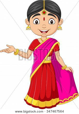 Vector Illustration Of Cartoon Indian Woman In Traditional Clothes