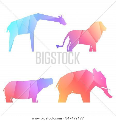 Set Of Multi-colored Gradient African Animals In Different Poses, Lion And Hippo, Elephant And Giraf