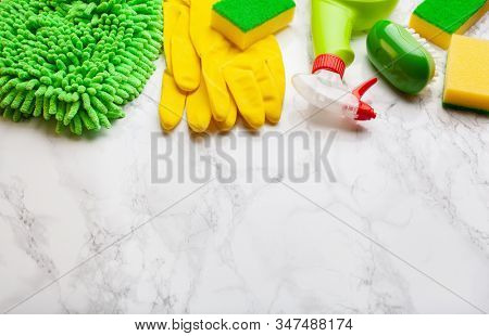 cleaning products household chemicals spray brush sponge glove
