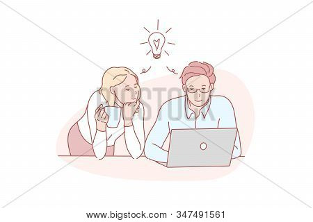 Decision, Together, Thinking, Coworker, Concept. Coworkers Concentrated On Business Decision. Collea