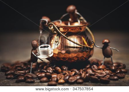 Copper Pot With Coffee Bean Figures Around, Concept Brewing Black Coffee