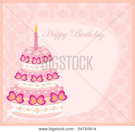 Carte d'anniversaire joyeux avec gâteau d'anniversaire, vector illustration