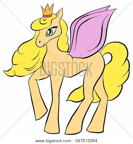 Vector Cartoon Pony. Cartoon Character Pegasus. Lovely Pony With Wings And Crown.