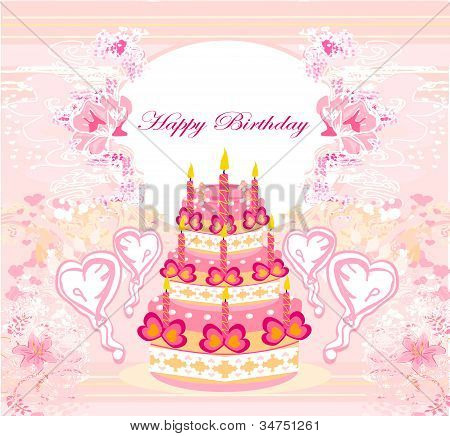 Carte d'anniversaire joyeux avec gâteau d'anniversaire, vector illustration