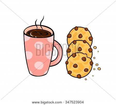 Cartoon Cup With Tea And Cookie. Beautiful Element For Your Design.