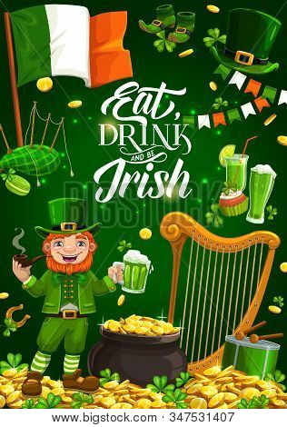 Vector Cartoon Leprechaun And Symbols Of Ireland Holiday. National Flag, Harp And Bagpipe, Drum And 