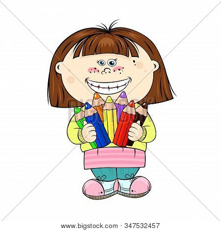 Cute Cartoon Baby Girl With Colored Pencils. Beautiful Illustration With Children For Your Design.