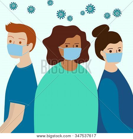 People In Medical Masks. Viruses Around. Vector Illustration.