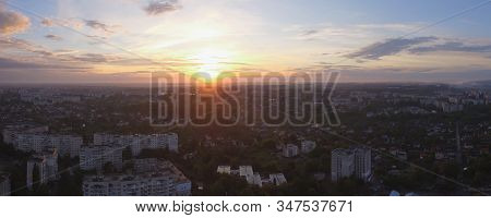Aerial View Of Sunset In Zhytomyr City, Ukraine. Great Sunrise Scene. Fantastic Landscape.