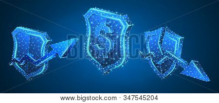 Security Shield With Usd, Growth And Downtrend Arrow Symbols Set. Low Poly, Wireframe, Digital 3d Ve