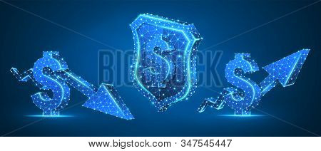 Security Shield With Usd, Growth And Downtrend Arrow Symbols Set. Low Poly, Wireframe, Digital 3d Ve