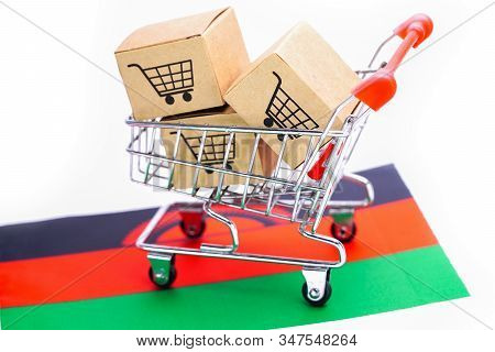 Box With Shopping Cart Logo And Malavi Flag : Import Export Shopping Online Or Ecommerce Finance Del