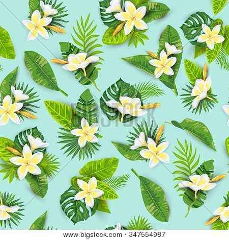 Jungle Leaves, Tropical Flower Frangipani Seamless Pattern. Vector Illustration.