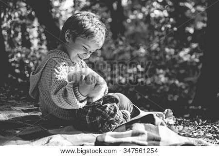 Baby Boy Embrace With Teddy. Child Concept. Embraces Copncept. Every Childhood Matters. Carefree Chi