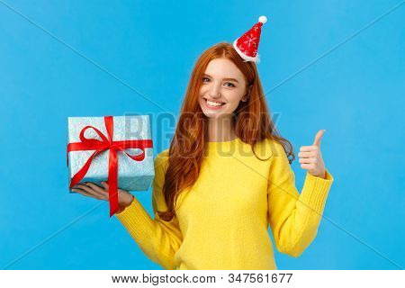 Waist-up Shot Satisfied Good-looking Redhead Woman Showing Thumb-up In Approval Or Like, Love Celebr