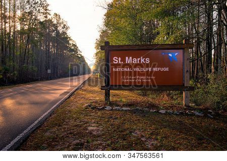 St. Marks, Florida - January 16, 2015 : St. Marks National Wildlife Refuge Entrance Sign. It Encompa