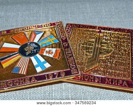 Ussr-circa 1979: Old Soviet Metals Badges With The Image Of National Team Flags And The Inscription 