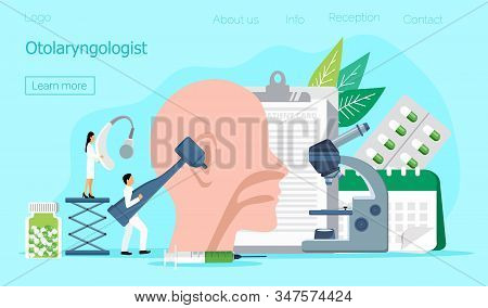 Otolaryngologist Vector Web Template For Landing Page, Header. Tiny Doctors Treat And Exemine Patien