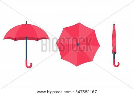 Set Of Umbrellas. Top View, Front And Folded Umbrella. Rain Protection On White Background Isolated.