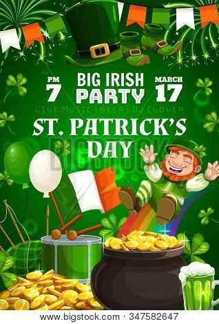 Happy Patricks Day, Irish Holiday Party Celebration. Vector Leprechaun On Rainbow, Shamrock Clover A