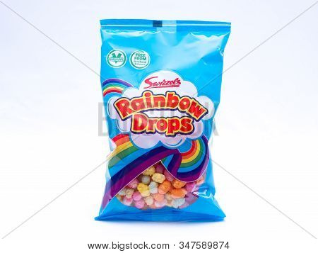 Uk, Jan 2020: Swizzels Matlow Rainbow Drops Sweets On White Studio Background