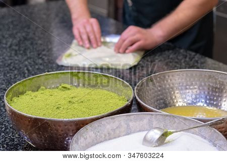 Delicious Turkish Sweet, Katmer With Green Pistachio Nuts