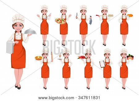 Beautiful Young Chef Woman, Set Of Eleven Poses. Pretty Cook Lady In Professional Apron And Hat. Sto