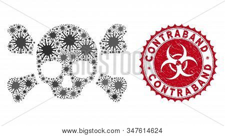 Coronavirus Mosaic Skull Crossbones Icon And Round Grunge Stamp Watermark With Contraband Caption. M