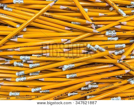Moscow, Russia - August 23, 2018: Koh-i-noor Yellow Pencils Heap In A Supermarket. Top View. Mobile 