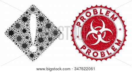 Coronavirus Mosaic Problem Icon And Round Grunge Stamp Seal With Problem Text. Mosaic Vector Is Crea